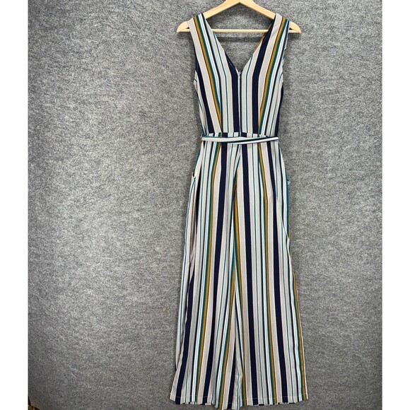 Monteau Jumpsuit Women S Small Gray Striped V-Neck Zipper Belted Sleeveless - Picture 2 of 7